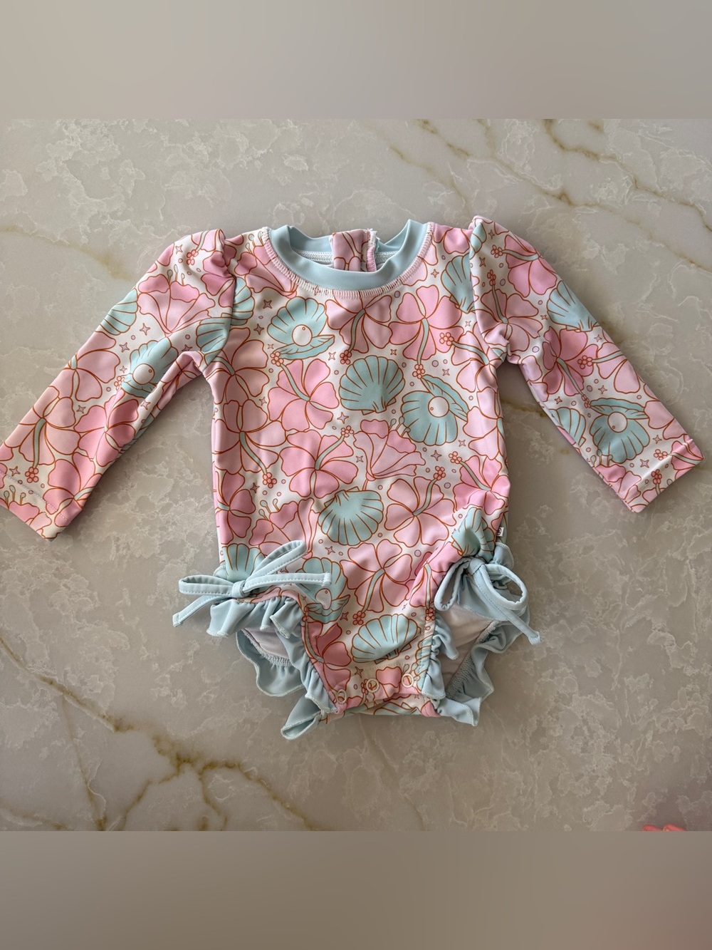 Long-Sleeve One-Piece Swimsuit in Pink & Light Blue Shell mermaid pearl